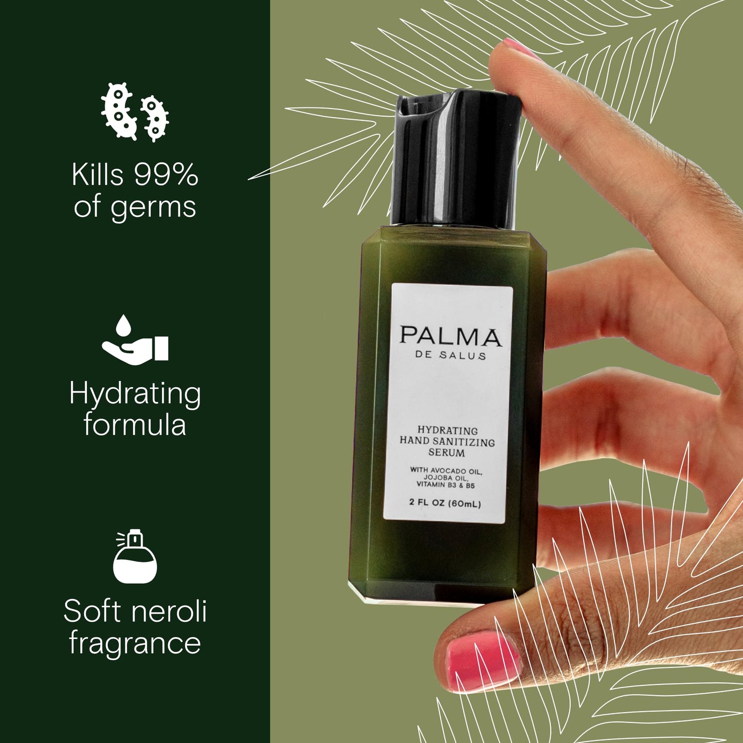 Palma de Salus 2-in-1 travel-size moisturizing hand sanitizer & hand lotion | avocado oil, jojoba oil, hyaluronic acid, centella asiatica, castor oil | neroli scent | 70% alcohol | (2oz)