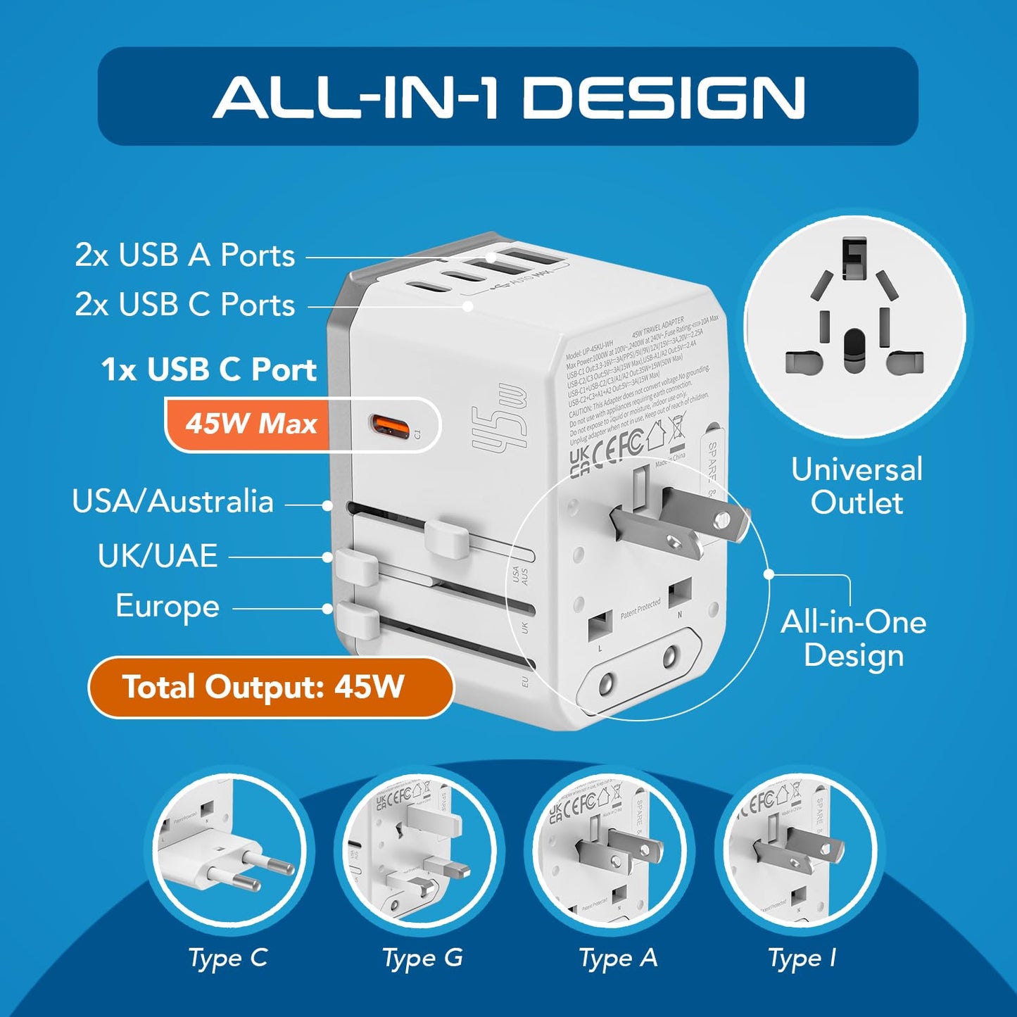 Ceptics Universal Travel Adapter w/ 2X USB-A and 3X USB-C, 6 in 1 Travel Adapter 45W for Global use, International Adapter for Mobile, Laptops, All in one Adapter for US, EU, UK & More, UP-45W-WH