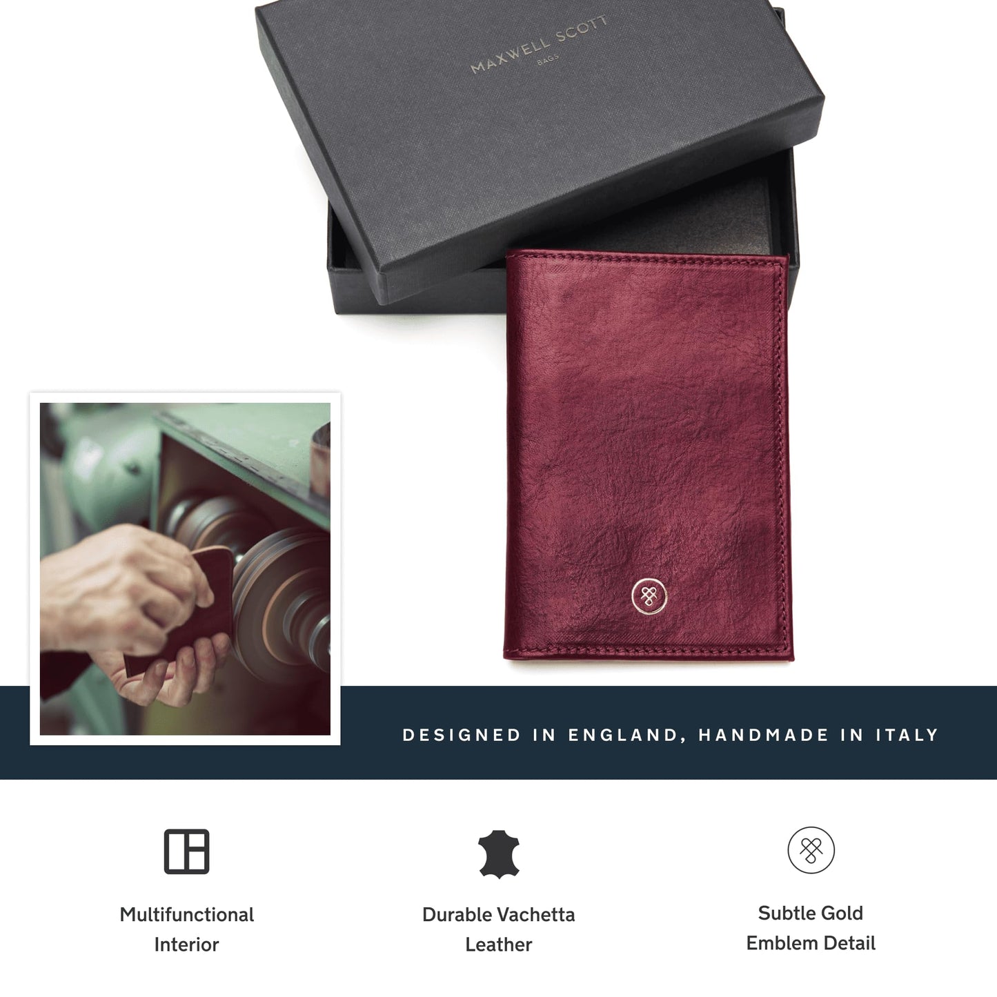 Maxwell Scott - Luxury Leather Passport Holder Cover for Luxury Travel - Made from Full Grain Hides - The Prato Wine Red