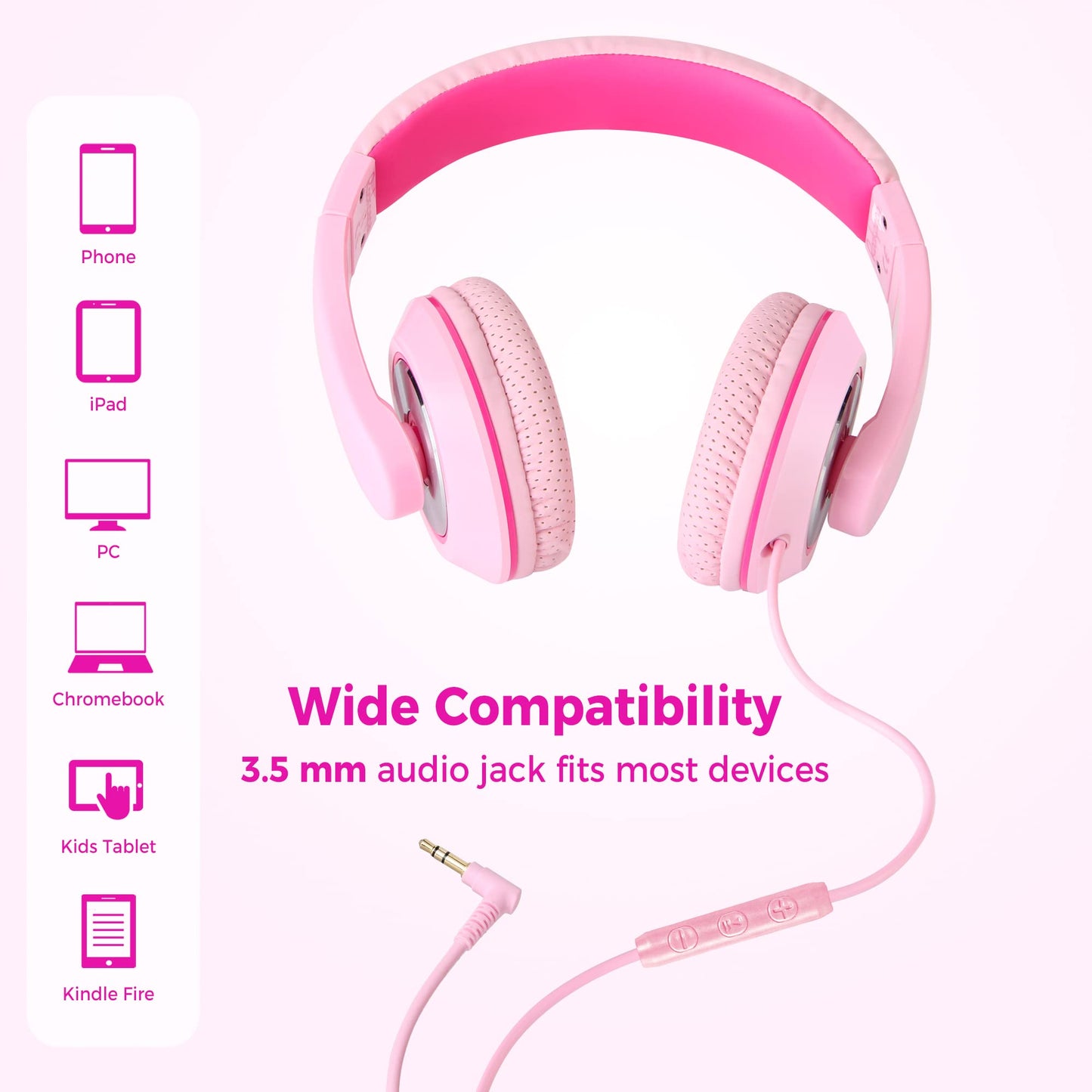 rockpapa Comfort+ Kids Headphones with Microphone and Volume Control, Boys Girls Student Over-Ear Headphones Wired for School Classroom Laptop PC Computer Tablet Pink