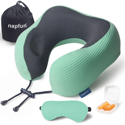 napfun Neck Pillow for Traveling, Upgraded Travel Neck Pillow for Airplane 100% Pure Memory Foam Travel Pillow for Flight Headrest Sleep, Portable Plane Accessories, Striped Turquoise