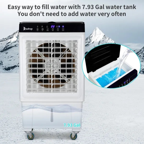 “Menofan Series” 3-in-1 Portable Evaporative Cooler with 7-Gallon Water Tank Capacity, Indoor/Outdoor, 2353CFM Personal Air Cooler With Remote Control, 7.93 Gal Large Water Tank & Scroll Casters, 4 Ice Packs, White