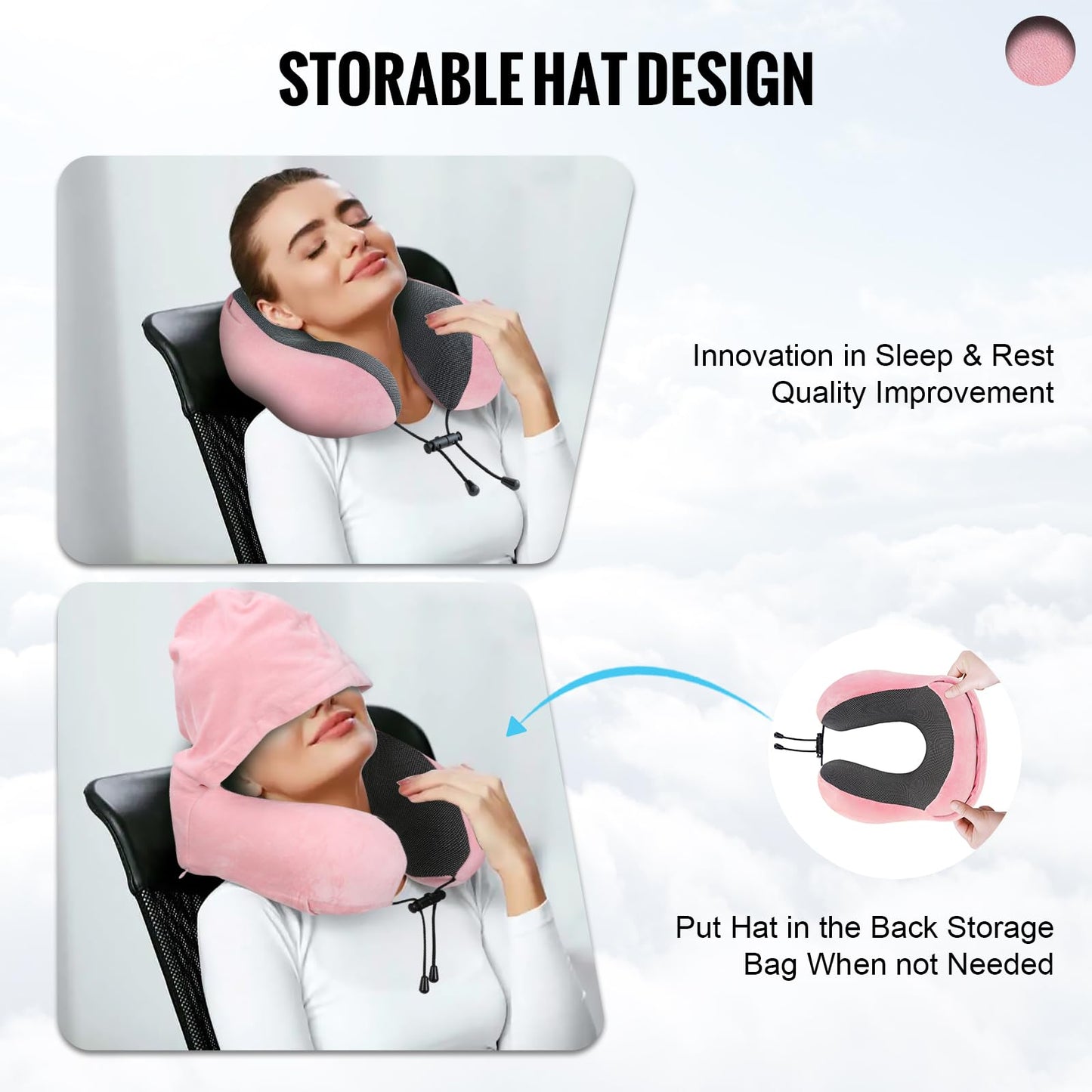 Cirorld Travel Pillow, Neck Pillow for Travel with Hood for Airplane, Velvet Memory Foam Neck Pillow Women Lady Head & Neck Support, for Long Flights Plane, Office, Cars Sleeping & Rest (Pink S)