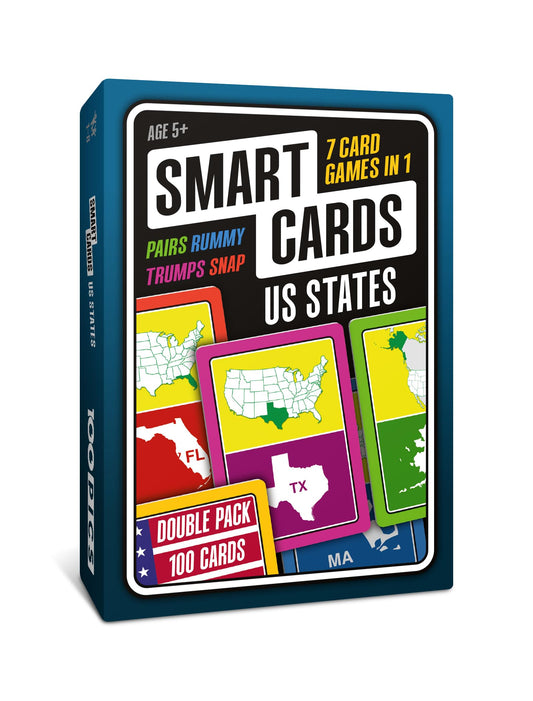 Smart Cards US States, 7 Games in 1, Pairs, Snap, Trumps, Rummy, Quiz, Learn Facts, Travel Game, Gift, Stocking Stuffer, 100 Cards, Age 5+, 1-8 Players