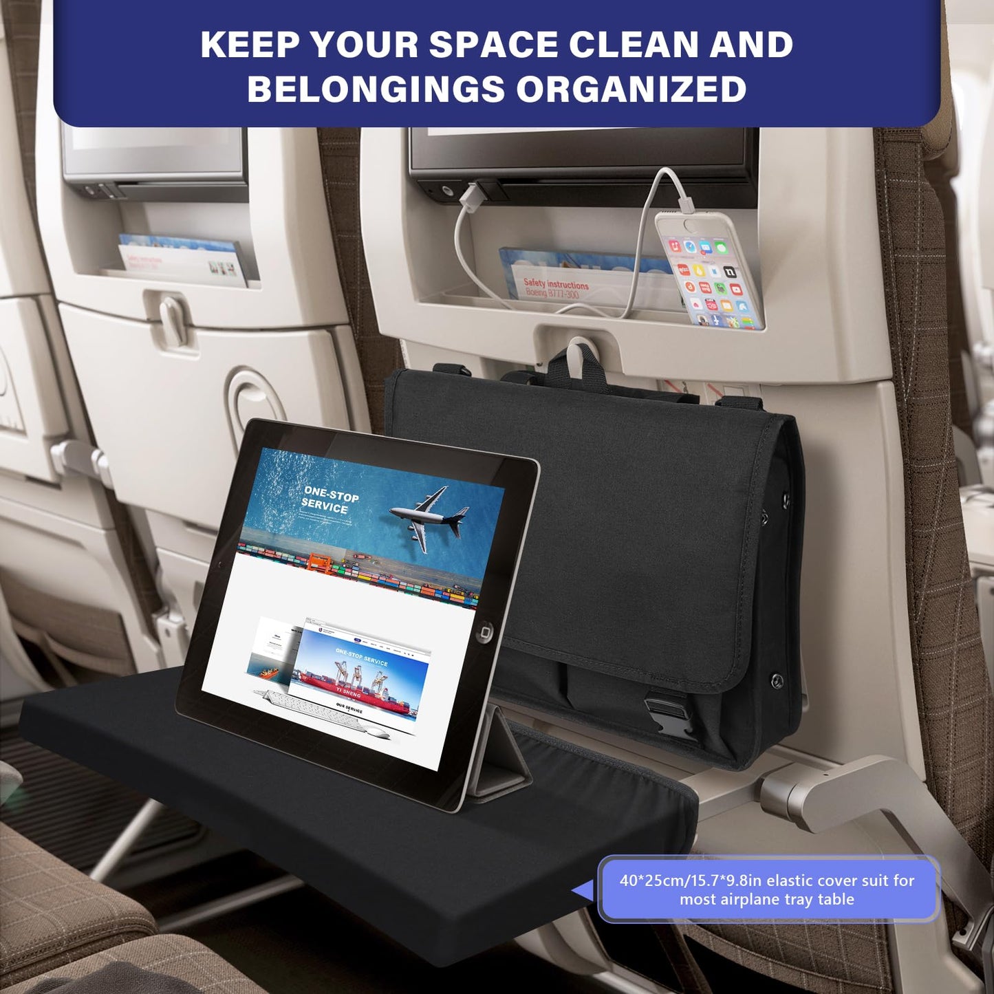 Airplane Seat Organizer with Tray Table Cover and Expandable Pockets