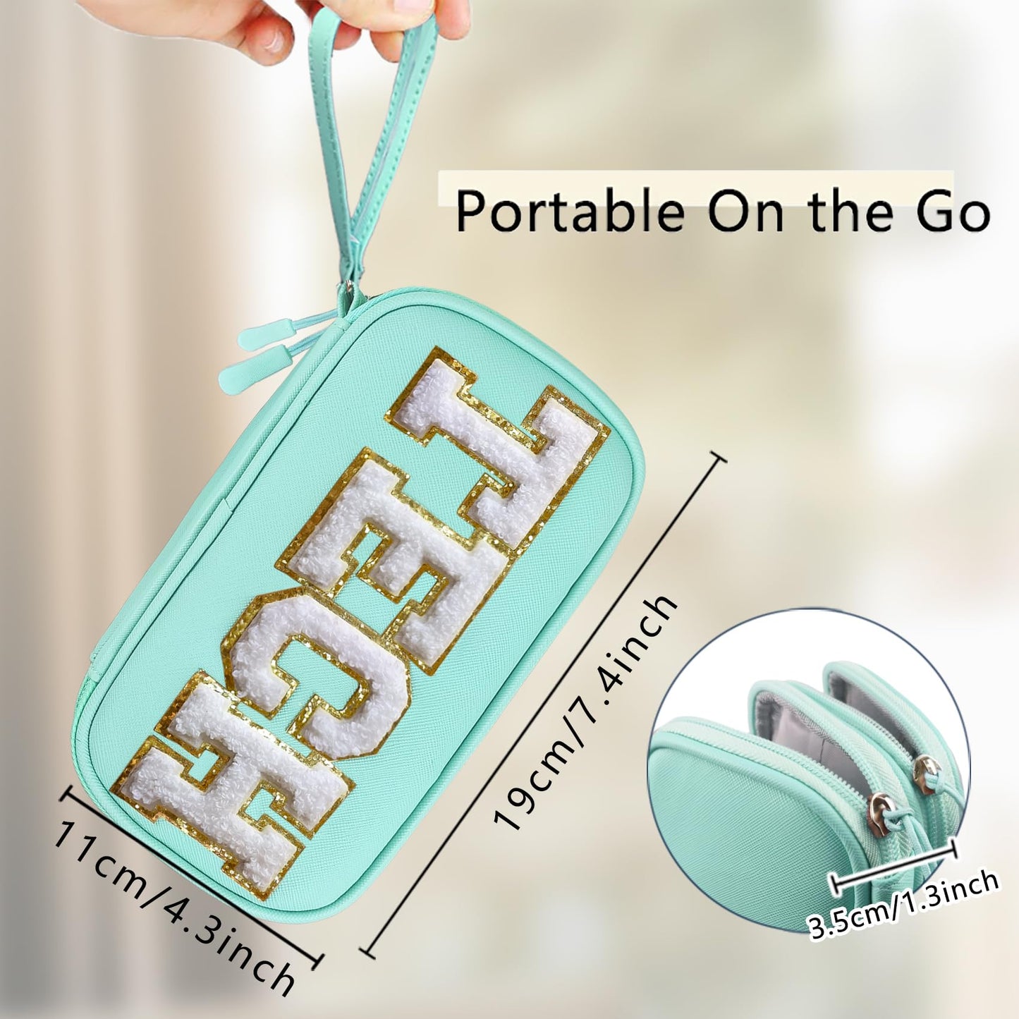 COSHAYSOO Electronics Organizer Bag Travel with Chenille Letter Patch TECH Traveling Must Have Accessories Cute Personalized Gift for Women Cable Cord Charger Storage Pouch (Greenish Blue)