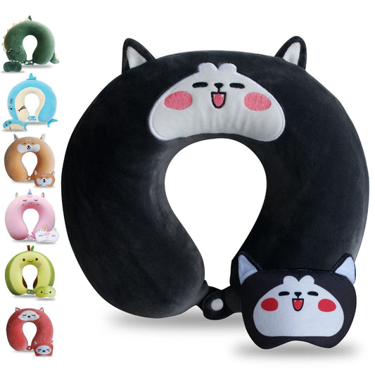 Sexysamba Cartoon Headrest & Neck Pillow for Kids Boys & Girls, Teens, Travel Accessories for Airplane, Car, Recline, Memory Foam Cute Travel Pillow with Sleep Eye Mask - Husky