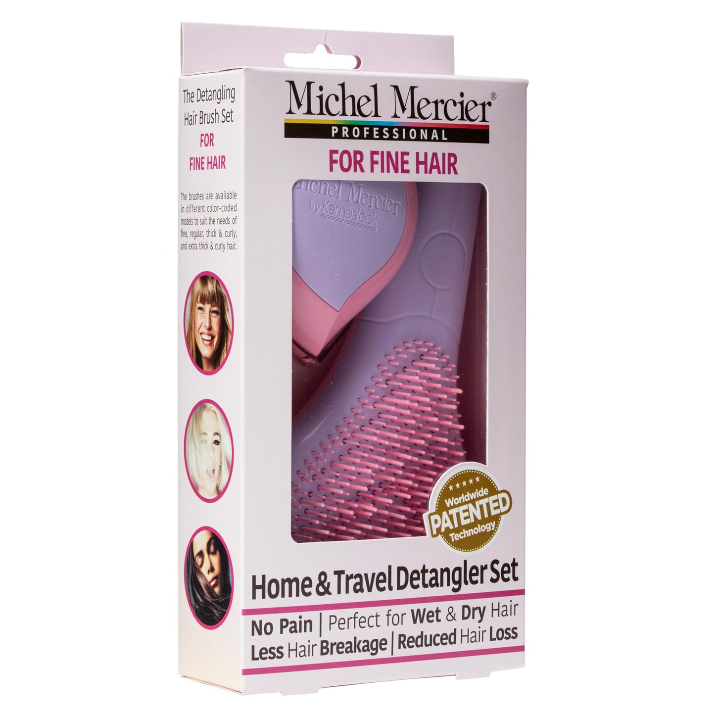 Michel Mercier Home and Travel Detangler Set - Classic Detangler Brush and Travel Detangler Brush - Reduces Frizz and Breakage - Fine Hair - 2 Pc