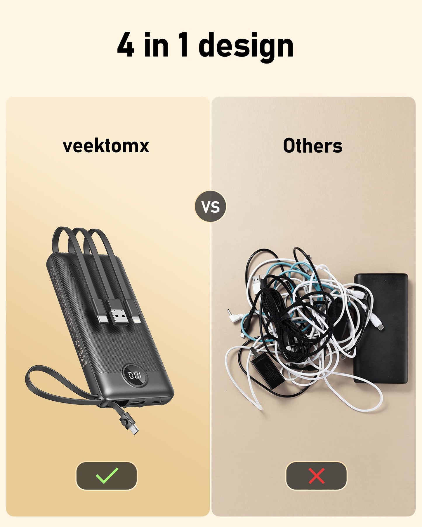 VEEKTOMX Portable Charger with Built-in Cables 10000mAh Power Bank for iPhone Slim Fast Charge USB C Battery Pack Travel Essentials Powerbank Compatible with iPhone, Samsung, Android, etc