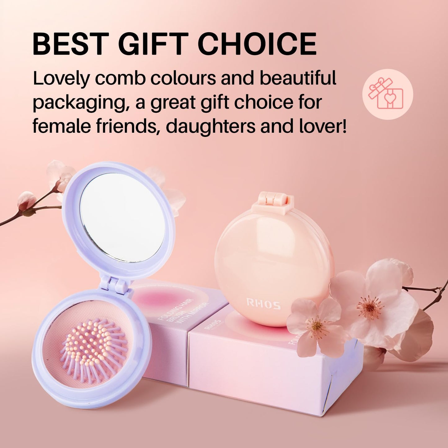Round Folding Brush with Mirror (Pink)