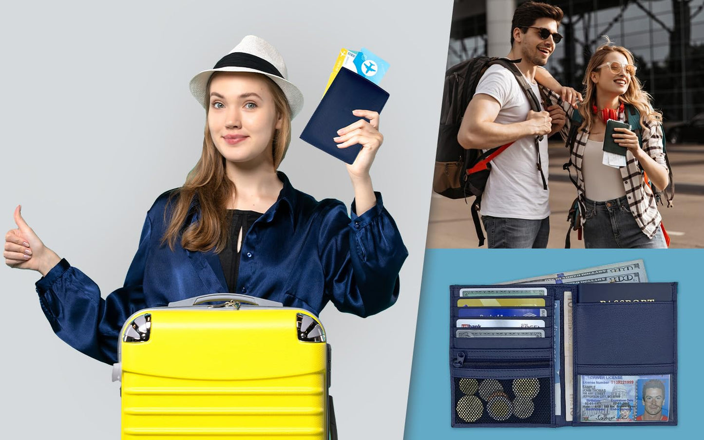 Leather RFID-Shielding Passport Holder and Wallet (Navy Blue)