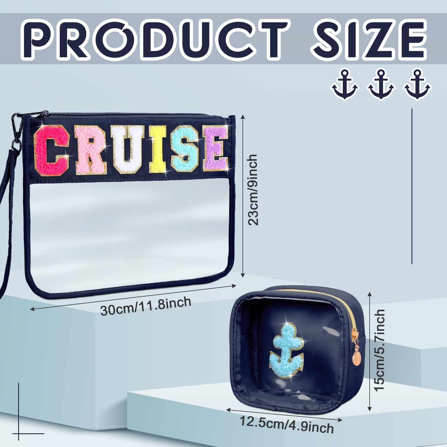 Hillban 2 Pcs Cruise Gifts Chenille Letter Bags Nautical Anchor Makeup Cosmetic Bag Sunscreen Clear Toiletry Travel Pouch Waterproof Purse Sailboat Cruise Survival Kit Bag Portable Storage Organizer