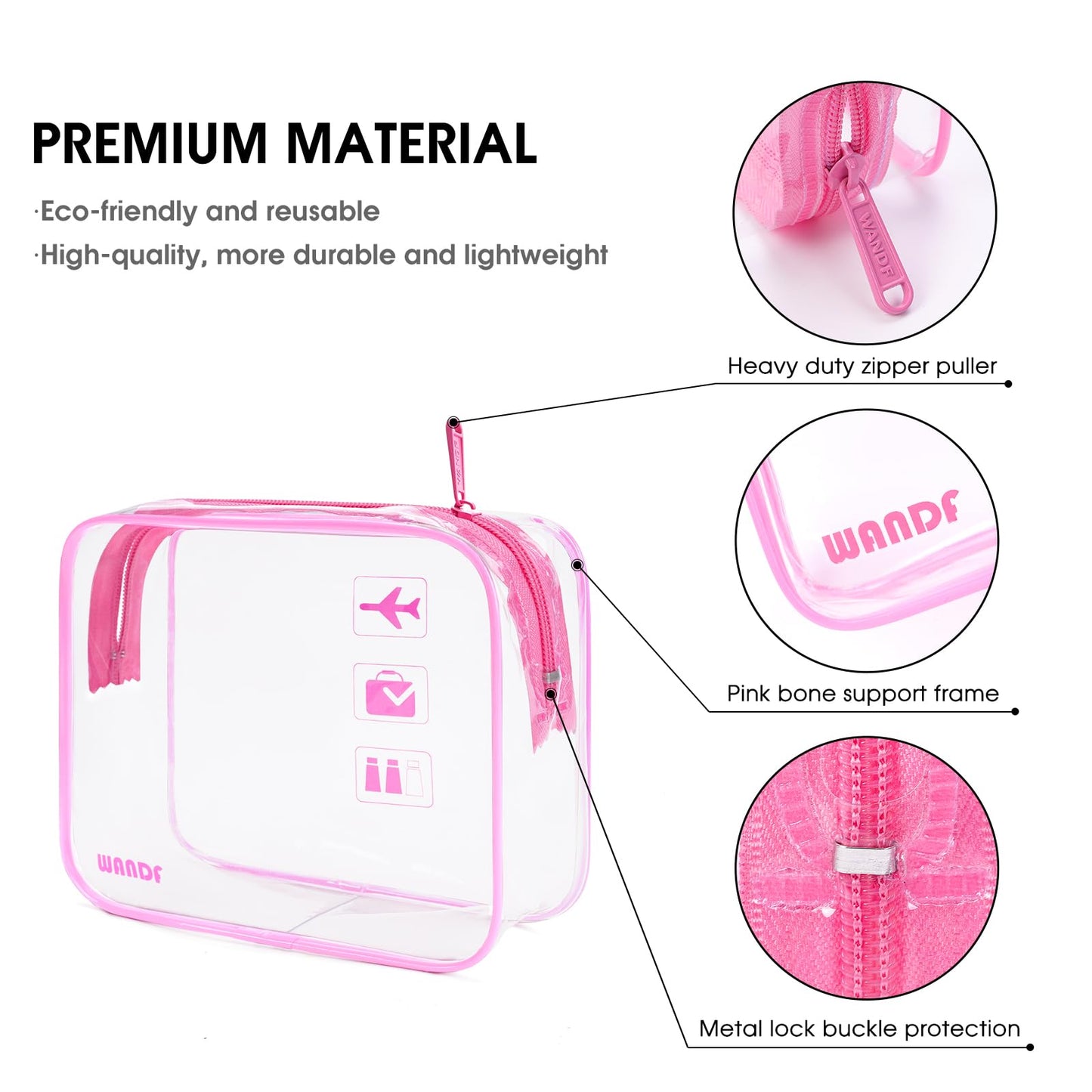 TSA Approved Clear Travel Toiletry Bag wih Zippers Carry-on Travel Accessories Quart Size Toiletries Cosmetic Pouch Makeup Bags for Men and Women (2pcs Pink)