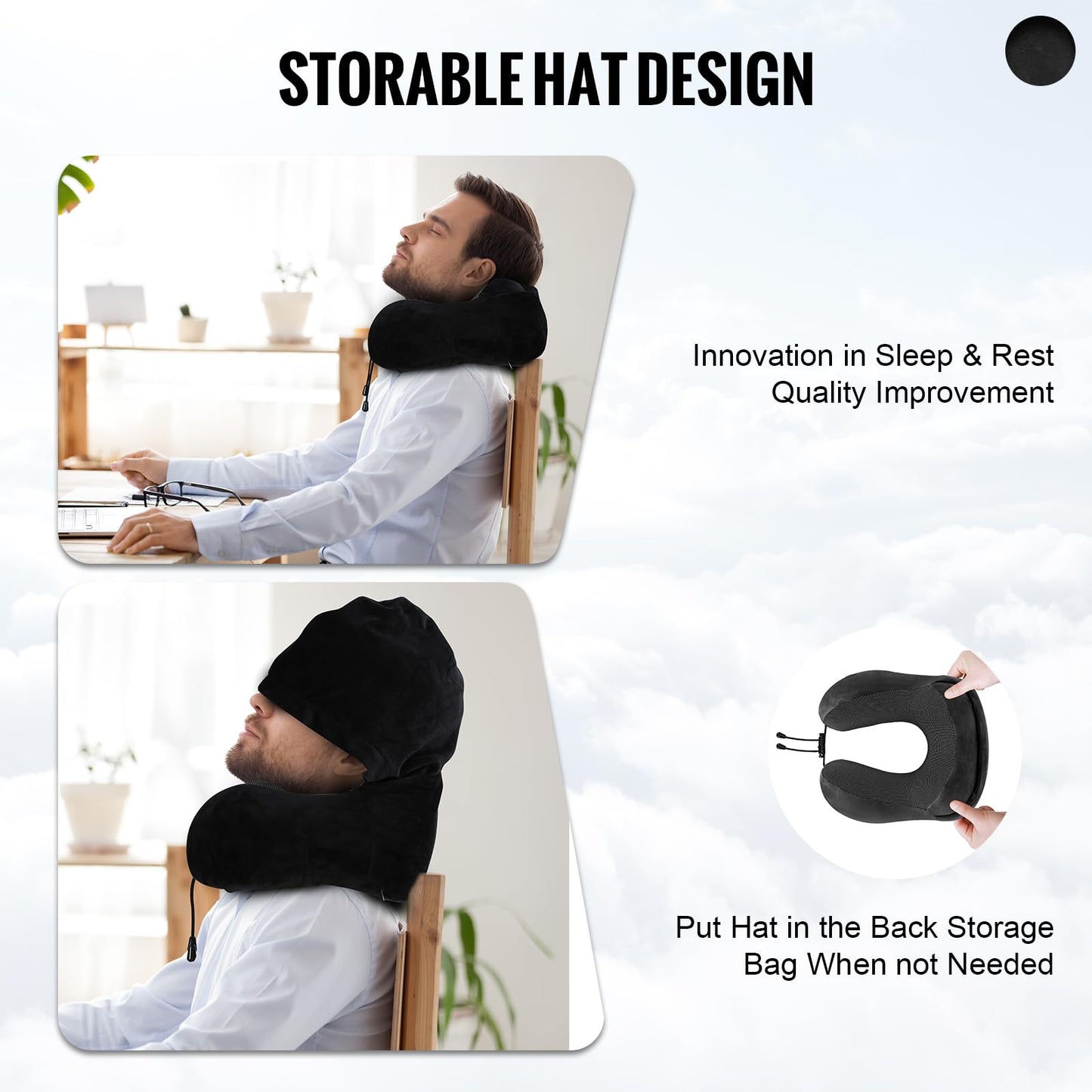 Cirorld Travel Pillow, Neck Pillow for Travel with Hood for Airplane, Velvet Memory Foam Neck Pillow Adult Head & Neck Support, for Long Flights Plane, Office, Cars Sleeping & Rest (Black)