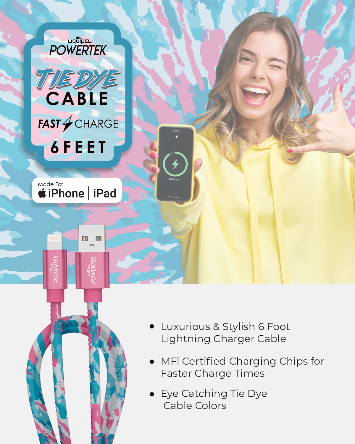 LIQUIPEL Powertek iPad & iPhone Lightning Charger Cable, Fast Charging 6ft MFI, Tie Dye Black (Teal Pink)