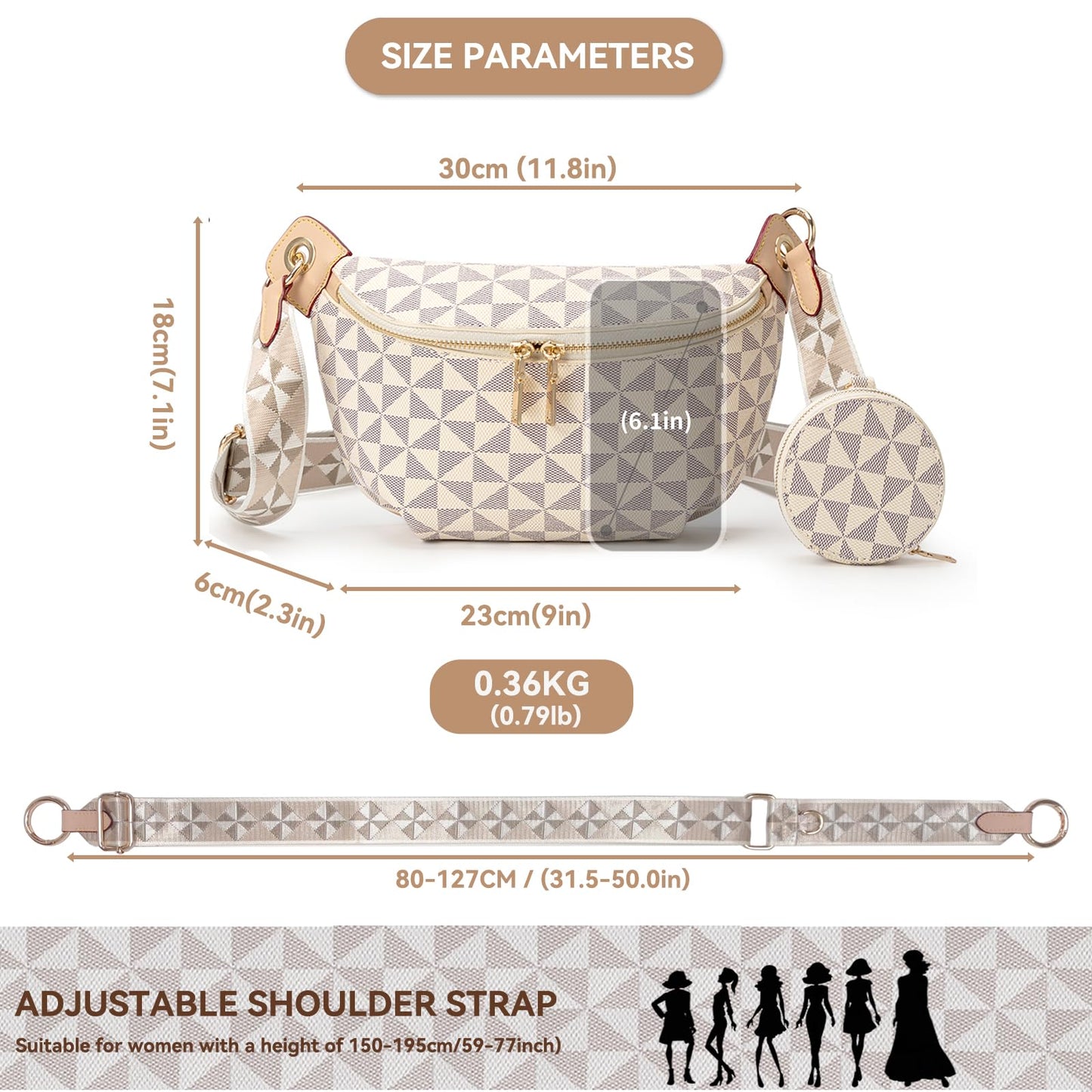 Trendy Beige Checkered Crossbody Sling Bag with Adjustable Strap