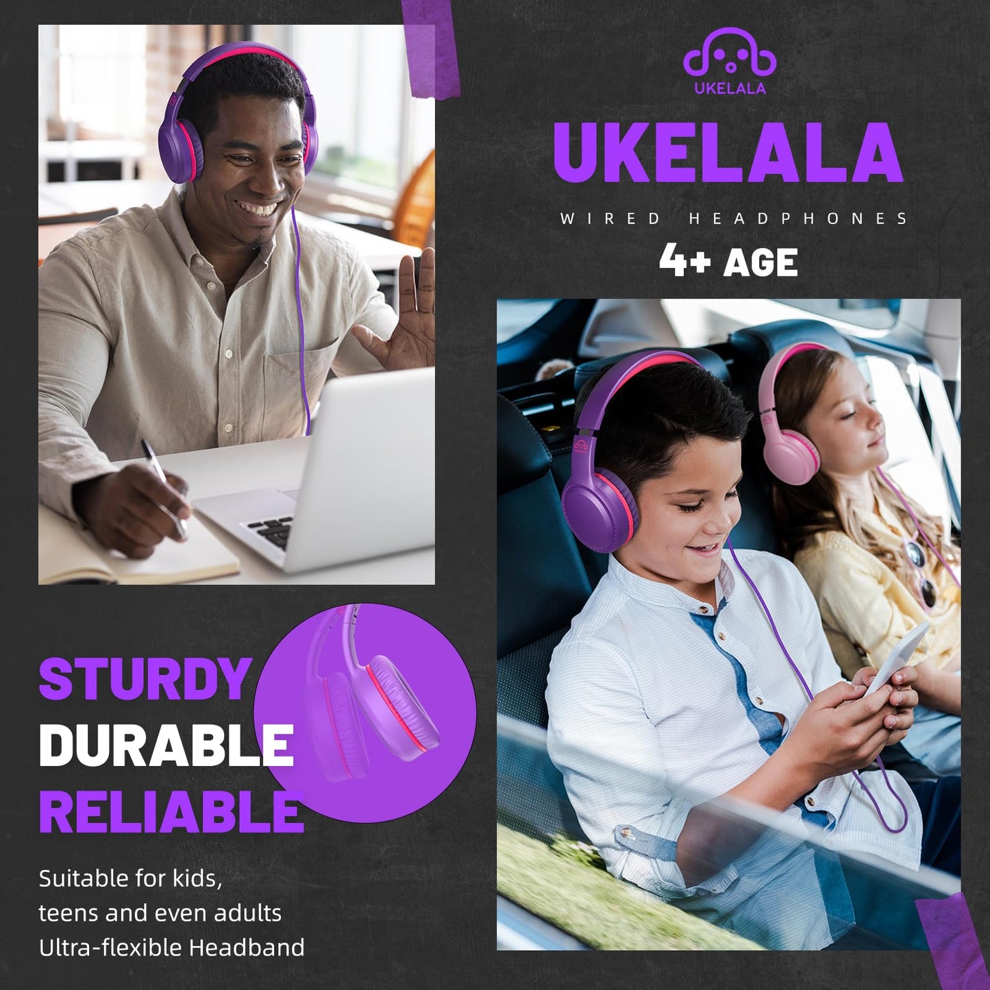 UKELALA U2 Wired Headphones for Kids Girls for School | Lightweight Folable Youth Headphones for Airplane Travel Classroom | Compatible with PC Laptop Tablet for Adults Student Children Purple