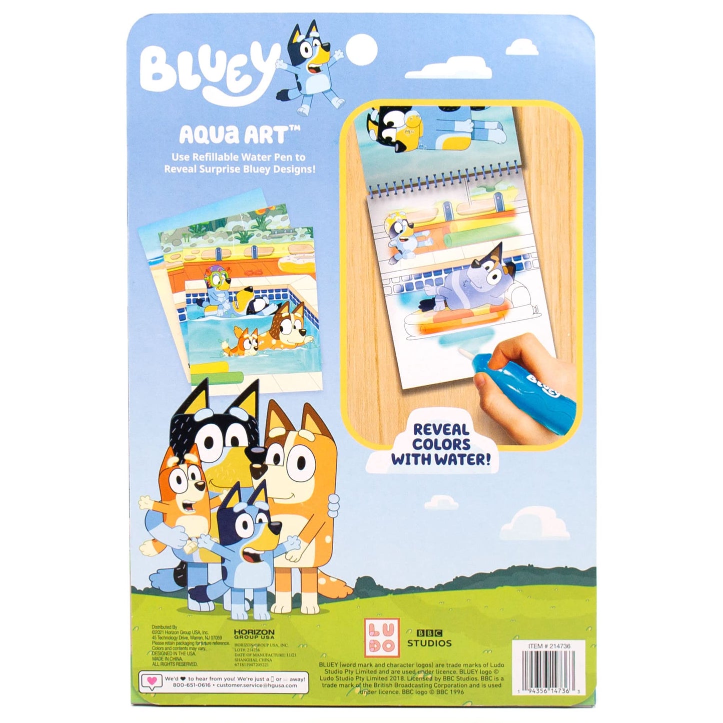 Horizon Group USA Bluey Aqua Art - Reusable Water Reveal Activity Pages With Water Pen for No-Mess Drawing and Coloring