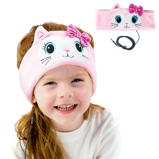 CozyPhones Over The Ear Headband Headphones - Kids Headphones Volume Limited with Thin Speakers & Super Soft Fleece Headband - Pink Kitty