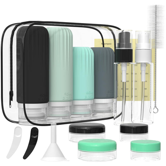 16-Pack Travel Bottle Set with Atomizer (Black and Teal)