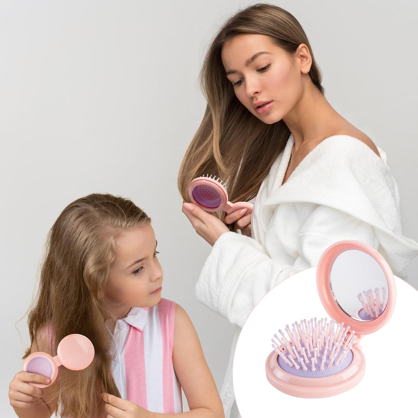 Round Folding Brush with Mirror (Pink)