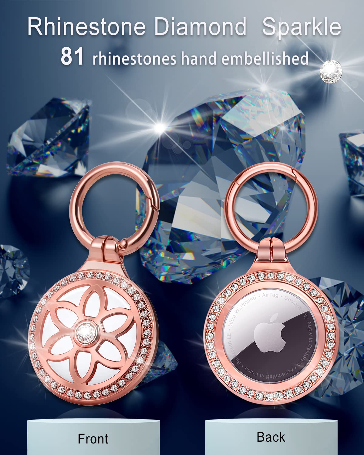DEERLET Airtag Holder,Metal Badge Rhinestone Airtag Key Chain,Diamonds Shine Air Tag.Holder Keychain,Air Tag Key Chain Compatible Apple Air tag.Rose Gold