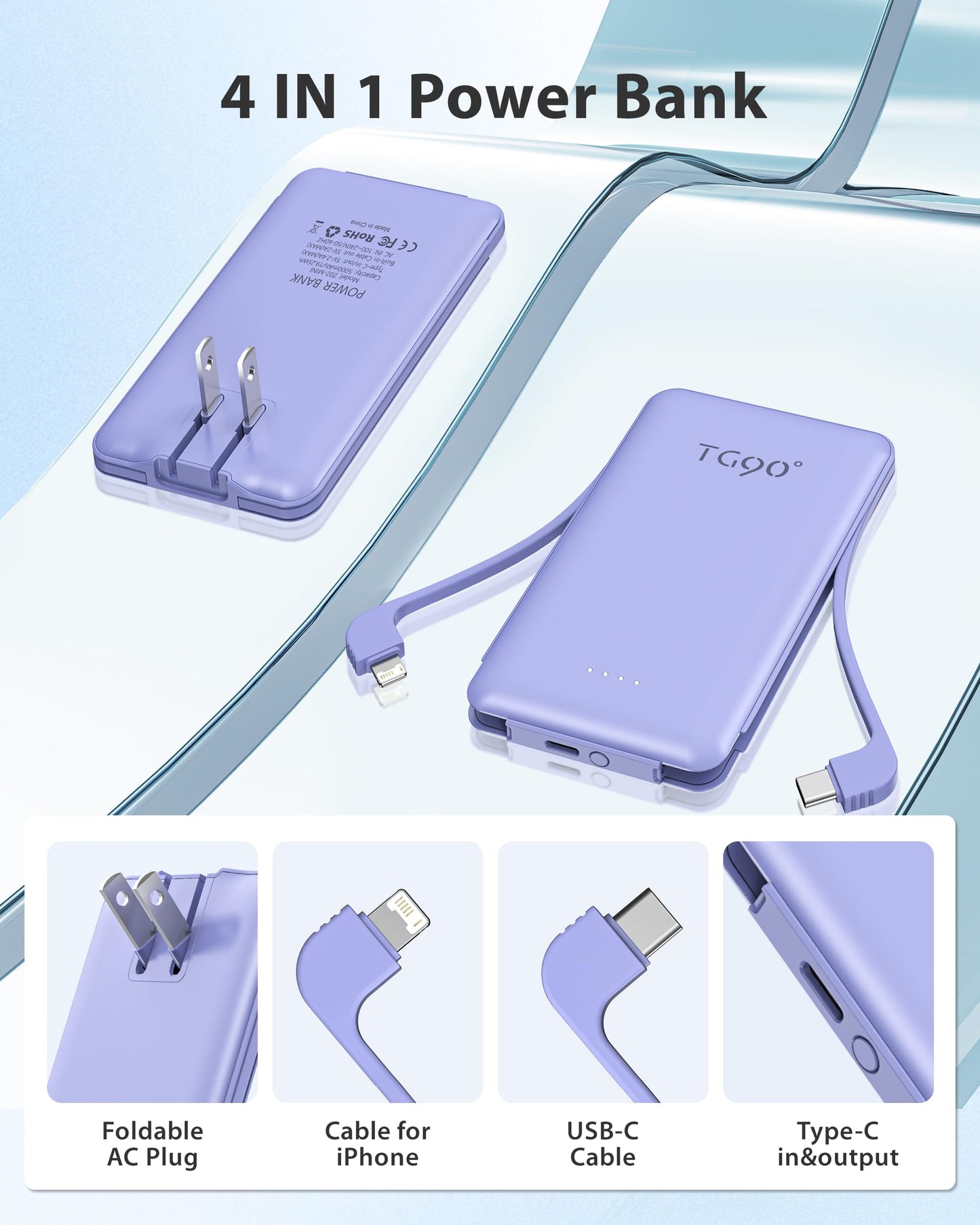 TG90° Ultra Mini Power Bank with Built-in Foldable AC Wall Plug and Cables, 5000mAh 3 Outputs External Battery Pack Portable Phone Charger Compatible with iPhone16/15 Series and Android Devices