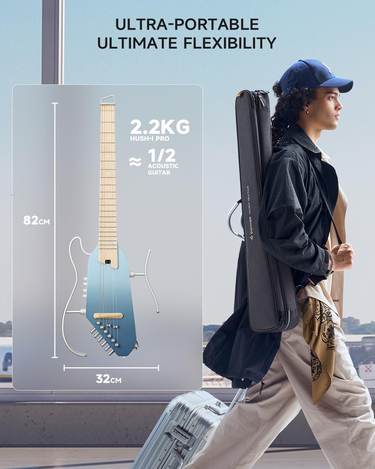 Donner HUSH I PRO Acoustic Electric Travel Guitar (Hawaiian Blue)