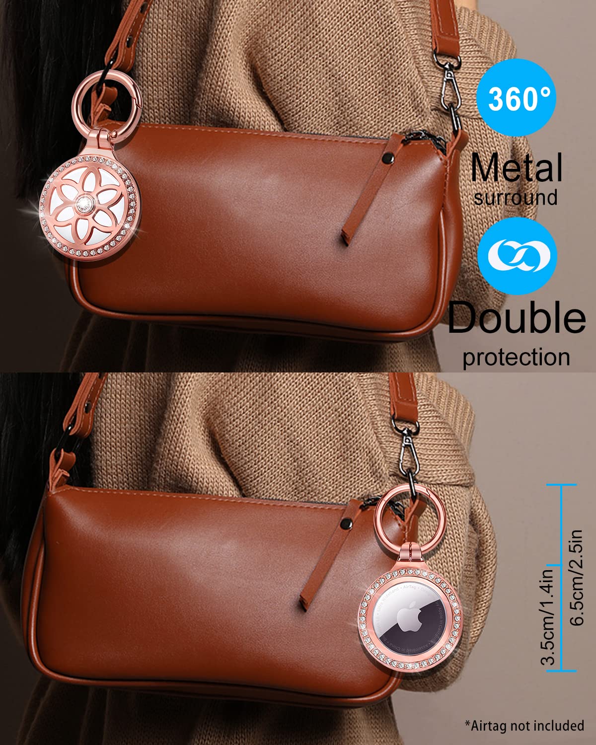 DEERLET Airtag Holder,Metal Badge Rhinestone Airtag Key Chain,Diamonds Shine Air Tag.Holder Keychain,Air Tag Key Chain Compatible Apple Air tag.Rose Gold