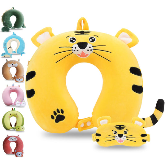 Sexysamba Cartoon Headrest & Neck Pillow for Kids Boys & Girls, Teens, Travel Accessories for Airplane, Car, Recline, Memory Foam Cute Travel Pillow with Sleep Eye Mask - Tiger