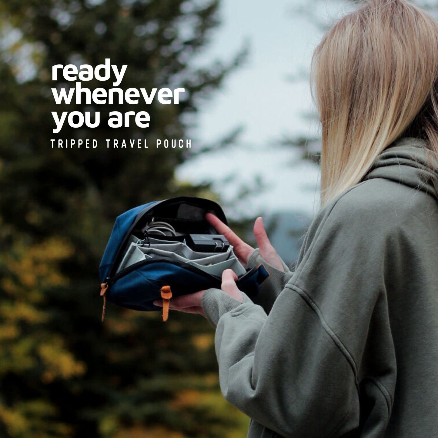 TRIPPED Travel Gear Tech Bag Organizer - Small Electronics Organizer Pouch for Travel - Premium Travel Case with Leather Accents - Mesh Pocket for Cables, Cords and Chargers (Navy)