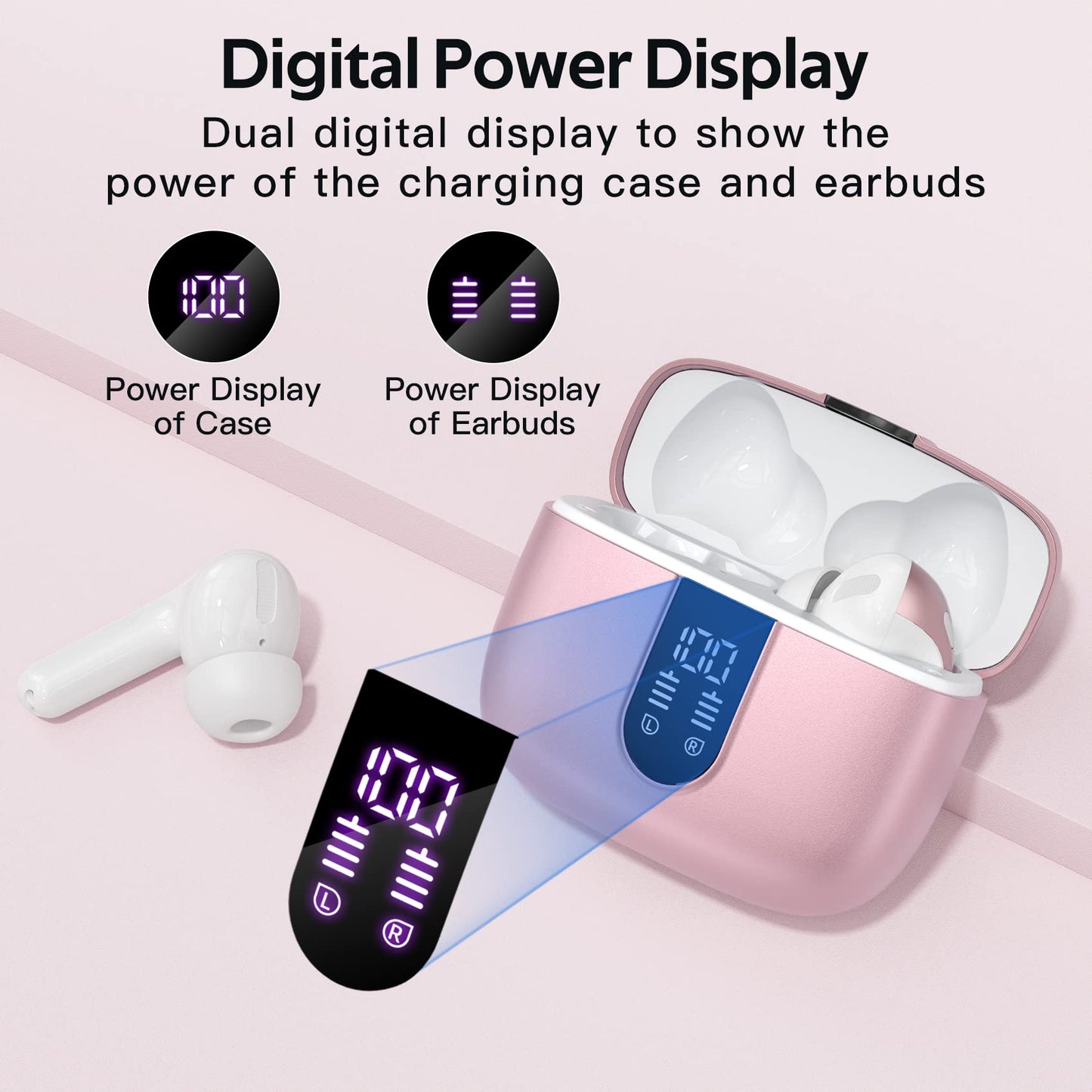 TAGRY Bluetooth Headphones True Wireless Earbuds 60H Playback LED Power Display Earphones with Wireless Charging Case IPX5 Waterproof in-Ear Ear buds with Mic for TV Smart Phone Laptop Computer Sports