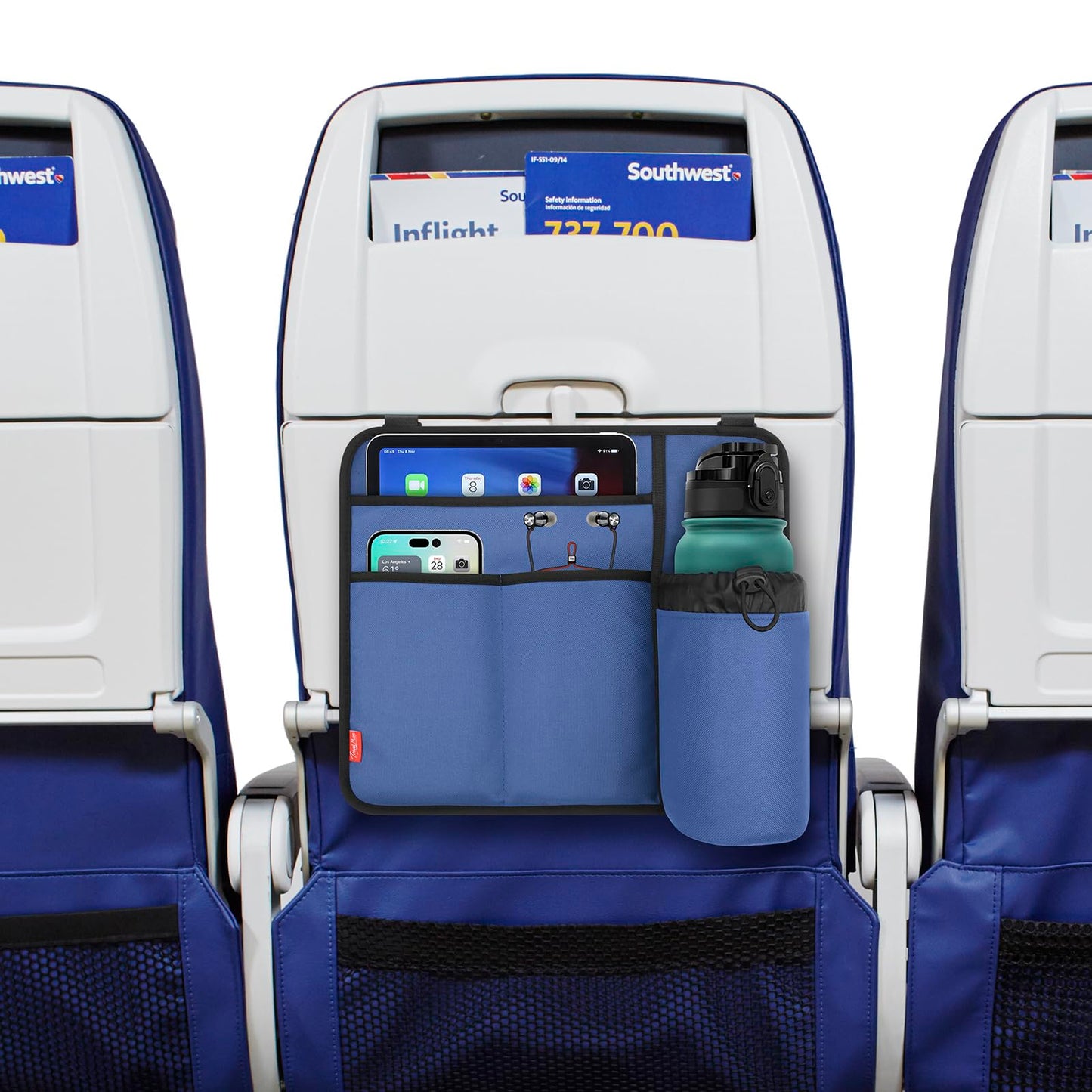 Airplane Seat Back Organizer with Hygienic Tray Table Cover (Blue)