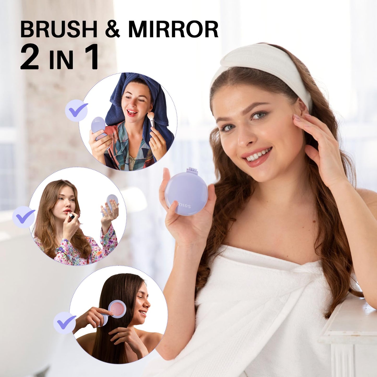 Round Folding Hairbrush with Mirror (Lavender Purple)