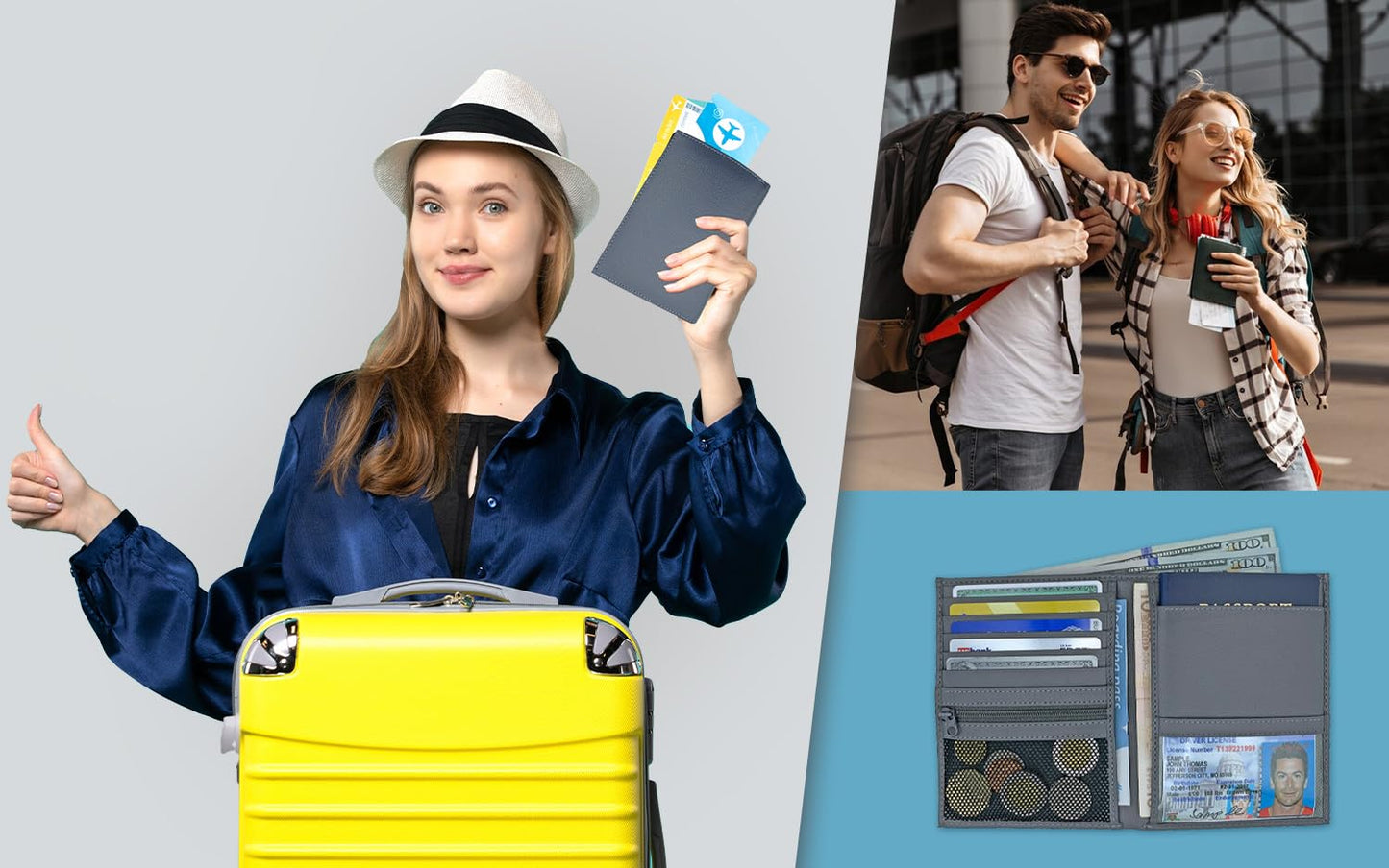 Leather RFID-Shielding Passport Holder and Wallet (Grey)