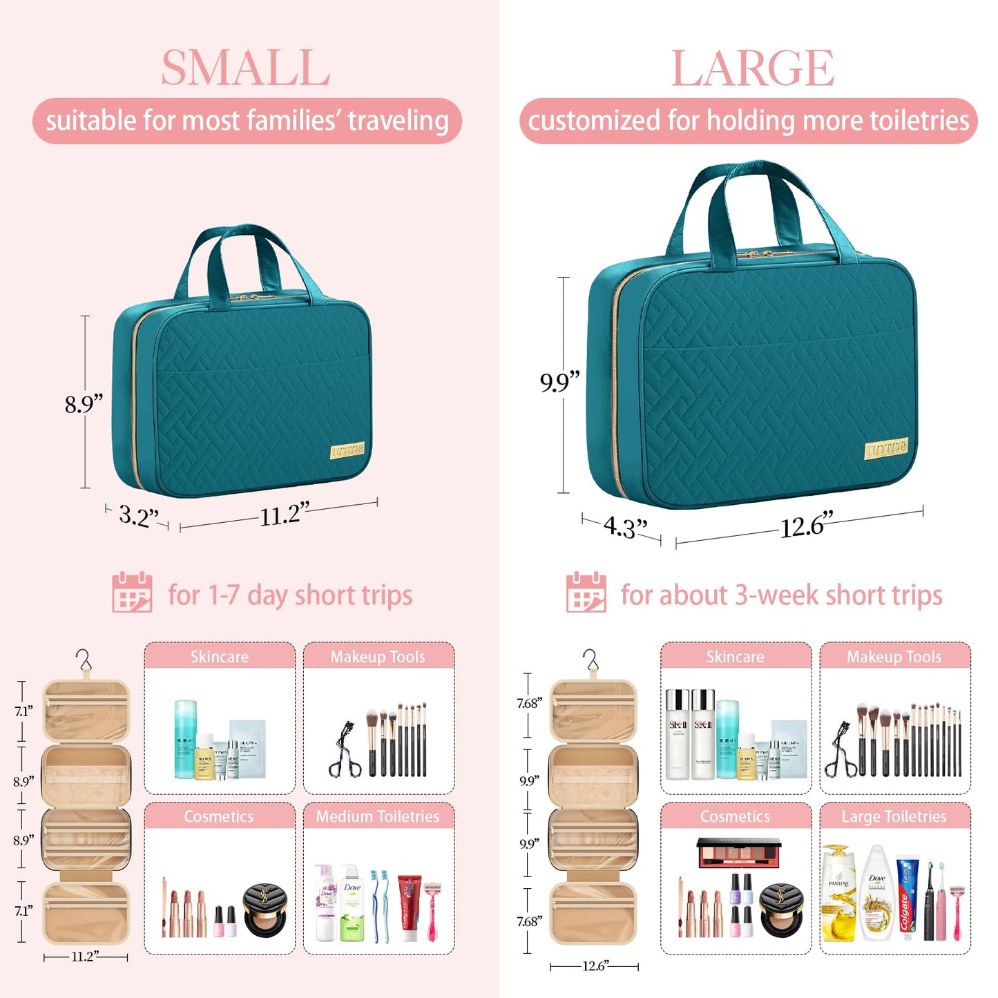 Travel Toiletry Bag with Hanging Hook (Teal)