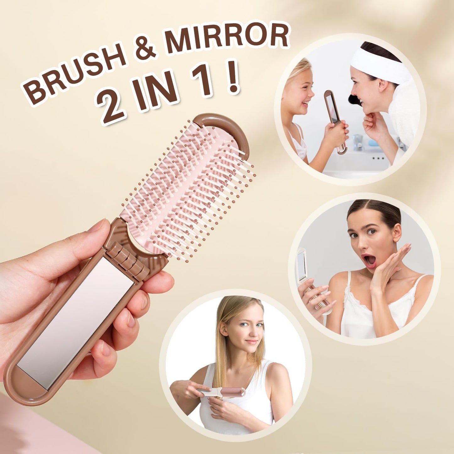 Folding Brush with Mirror (Beige)