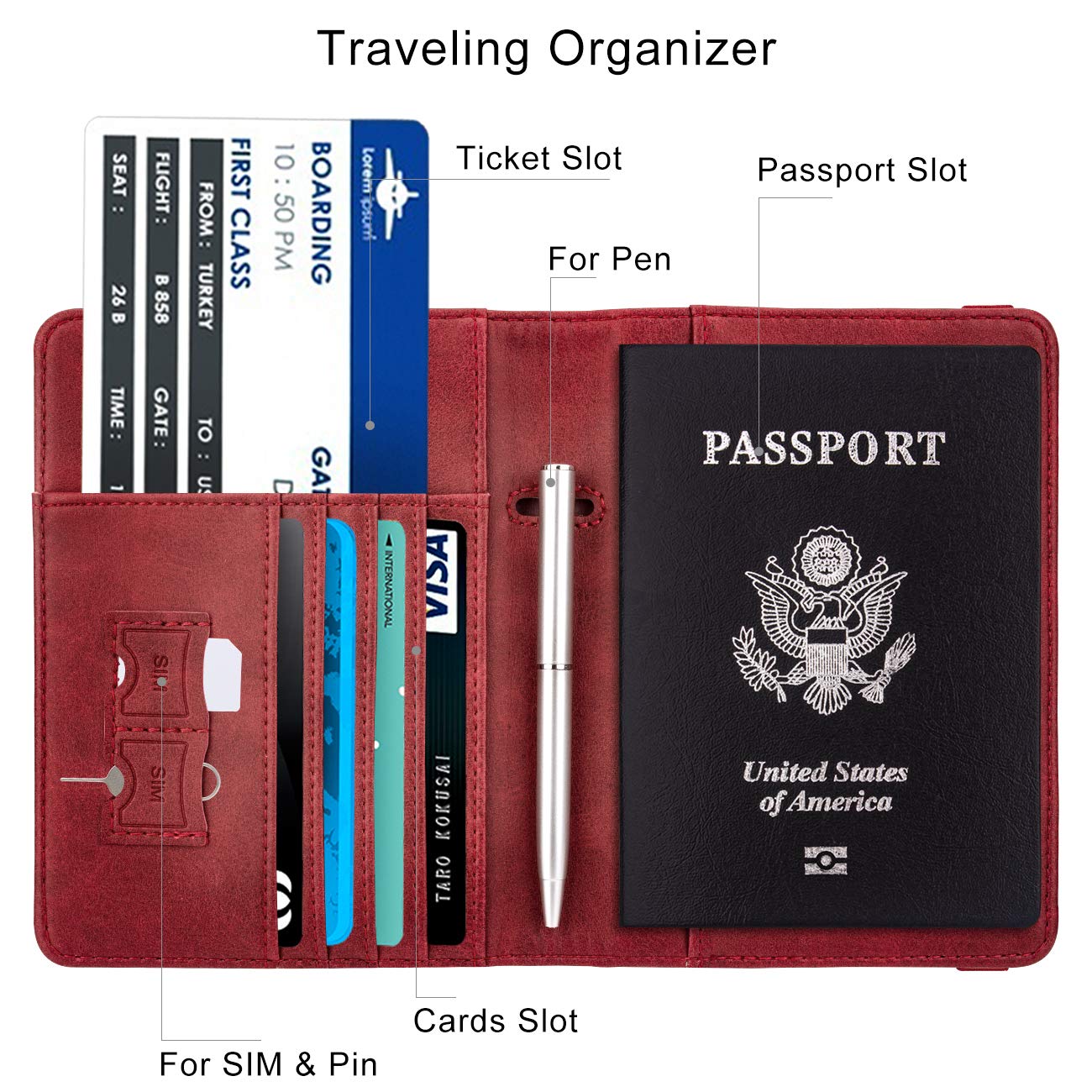 Travel Passport Wallet with RFID Shielding and Pen Slot (Red)