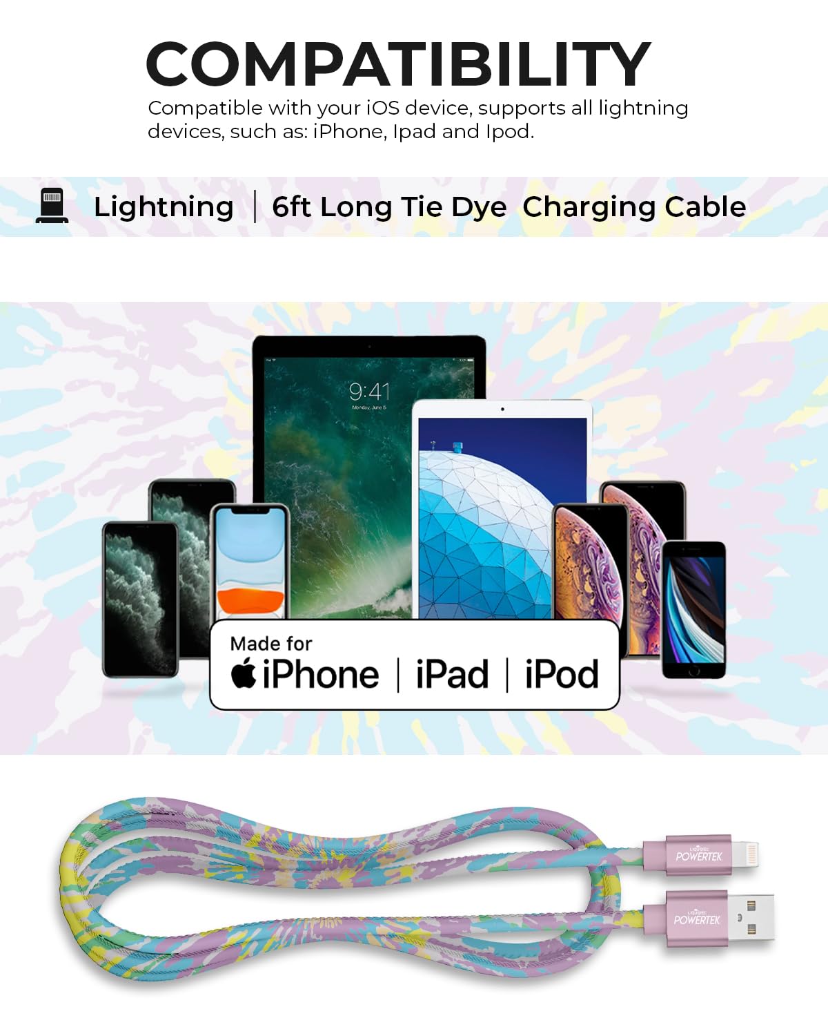 LIQUIPEL Powertek iPad & iPhone Lightning Charger Cable, Fast Charging 6ft MFI, Tie Dye Black (Rainbow)