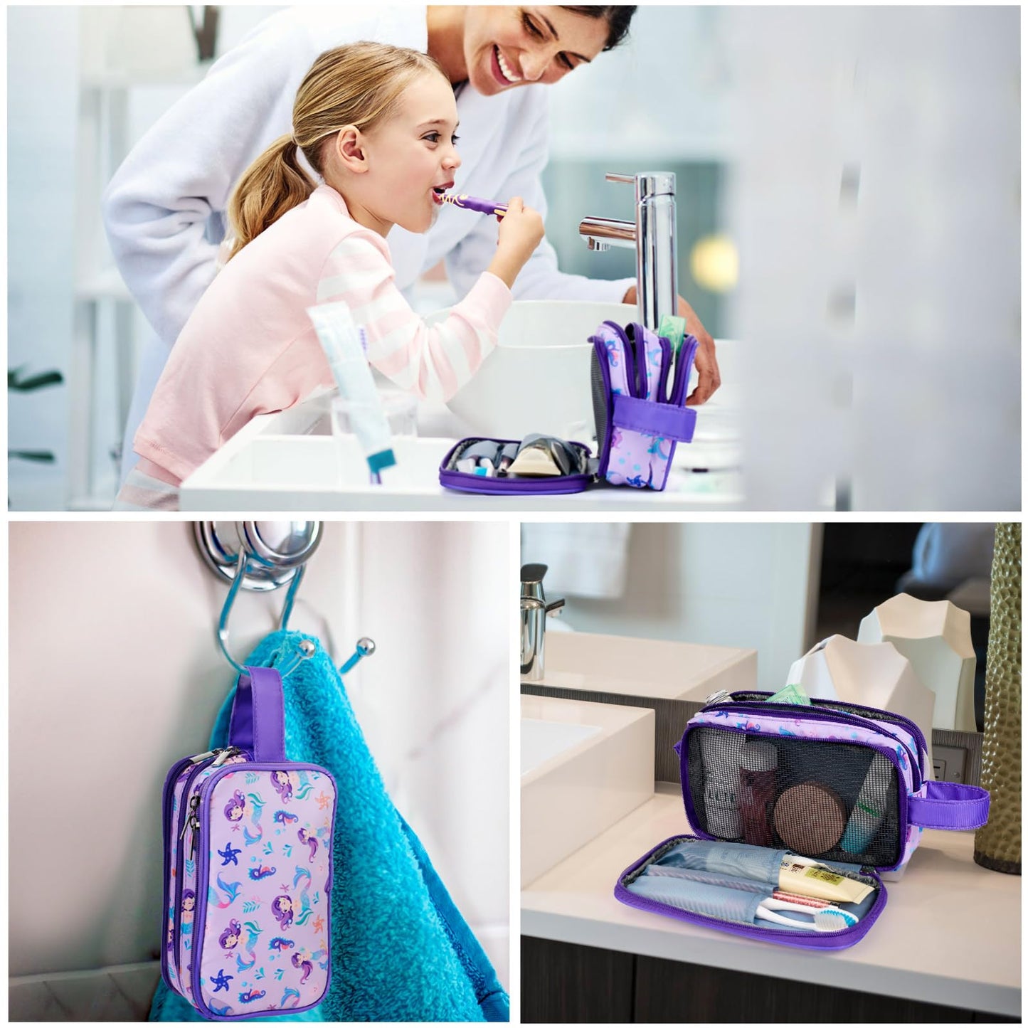 Vipdeal Kids Toiletry Bag for Girls, Travel Toiletry Bag for Little Young Girls Cosmetic Bag Makeup Bag Waterproof Hanging Wash Bag Toddler Toiletries, Mermaid Purple