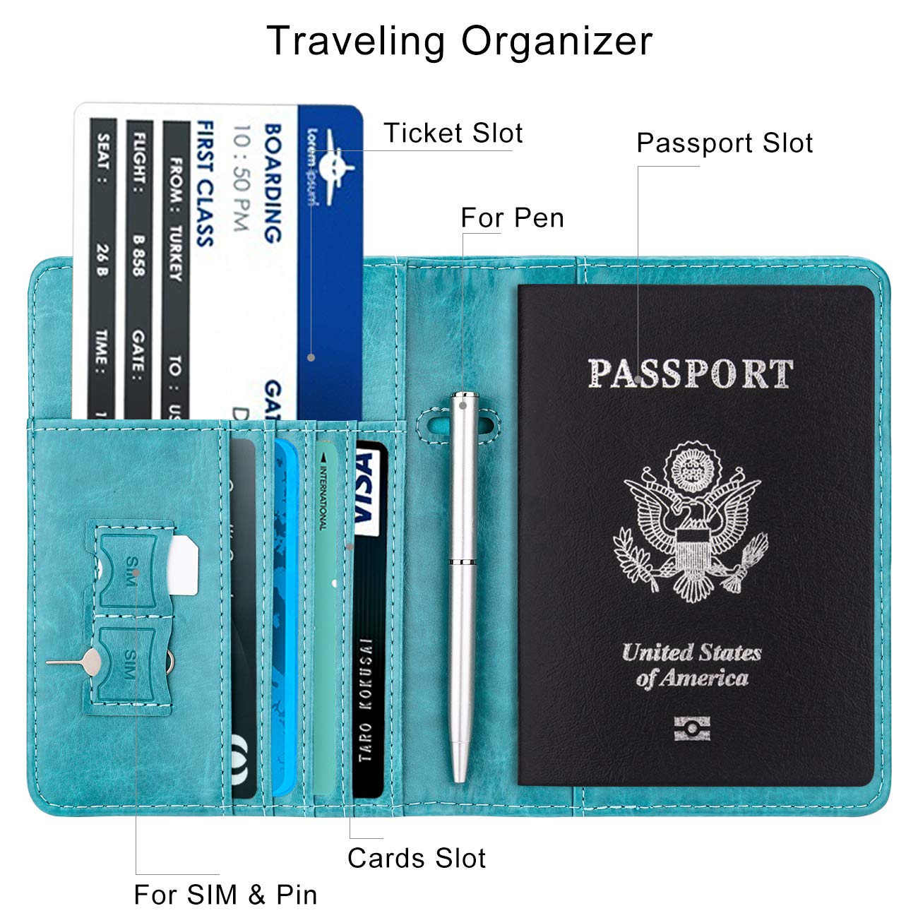 Travel Passport Wallet with RFID Shielding and Pen Slot (Turquoise Blue with Gold Text)