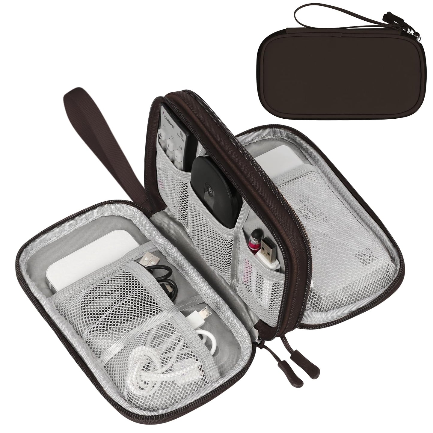 FYY Electronic Organizer, Travel Cable Organizer Bag Pouch Electronic Accessories Carry Case Portable Waterproof Double Layers Storage Bag for Cable, Charger, Phone, Earphone, Medium Size- Coffee