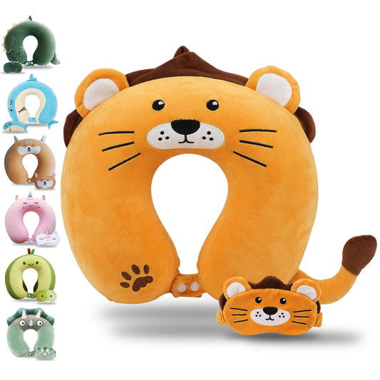 Sexysamba Cartoon Headrest & Neck Pillow for Kids Boys & Girls, Teens, Travel Accessories for Airplane, Car, Recline, Memory Foam Cute Travel Pillow with Sleep Eye Mask - Lion