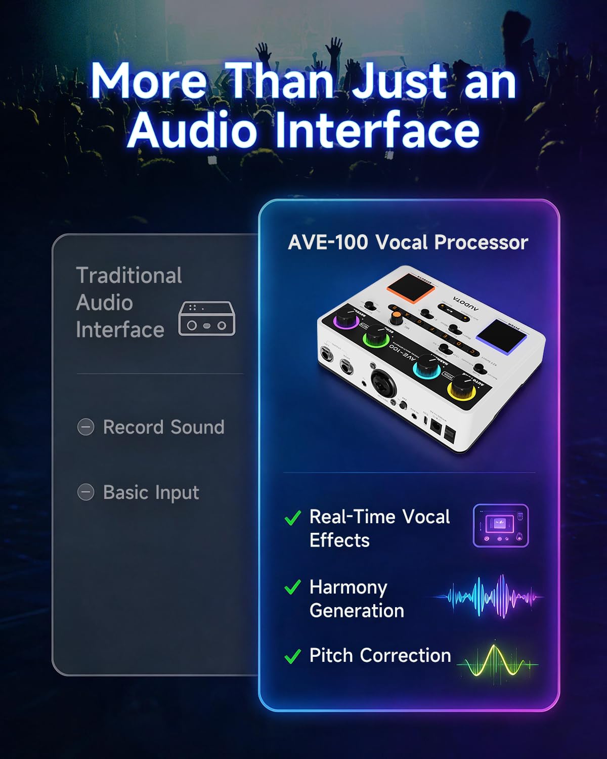 AVE-100 Vocal Effects Processor, Vocal Harmonizer with Pitch Correction, Harmony, Reverb & Delay, Key Detection, Anti-Feedback, Loop Recorder, 48V Phantom Power for Singers, Live Performance & Record