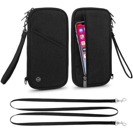 Travel Passport Wallet with RFID Shielding, Crossbody Strap and Wristlet Strap (Black)