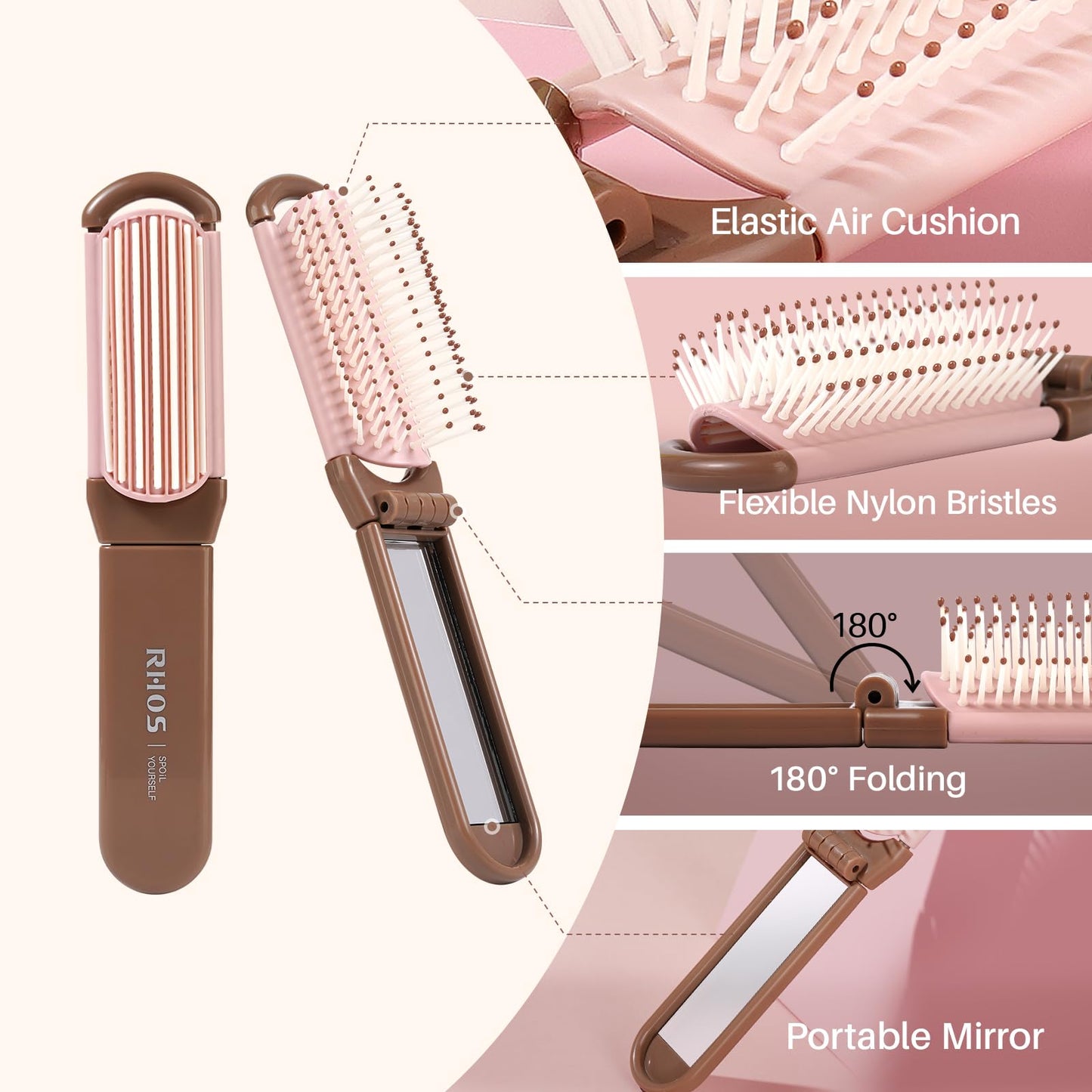 Folding Hairbrush with Soft Nylon Bristles and Mirror (Brown)