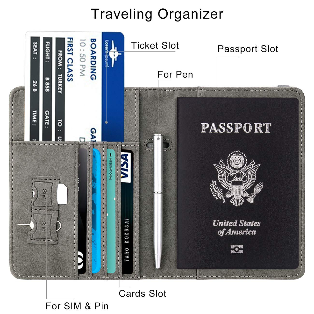 Travel Passport Wallet with RFID Shielding and Pen Slot (Grey)