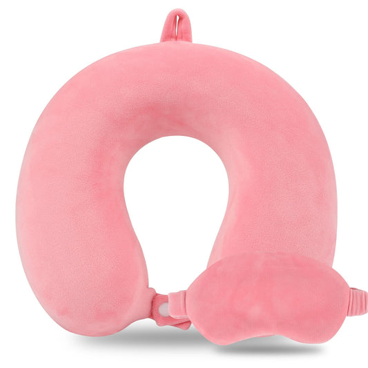 Pure Memory Foam Travel Pillow Set for Adults - Comfortable & Removable Machine Washable Cover, Neck Support Pillow Airplane Travel Kit with Eye Mask for Portable Plane Accessories - Peach Pink