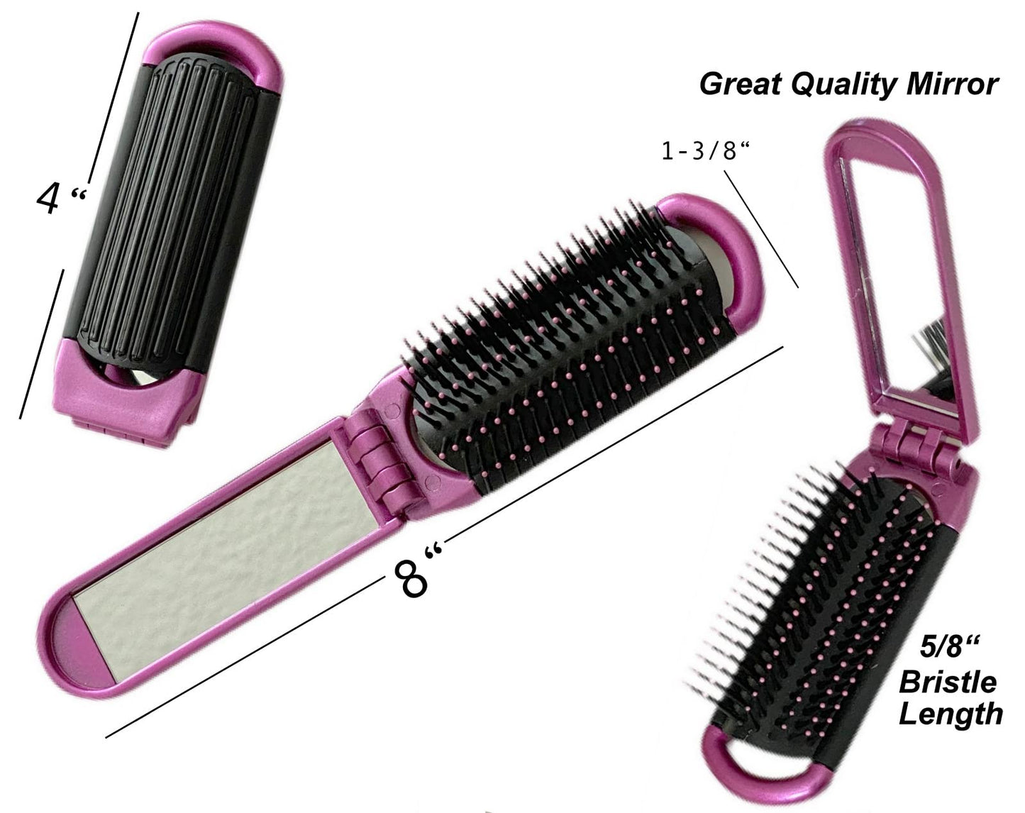 Pocket-Size Folding Travel Brush with Mirror (Hot Pink)