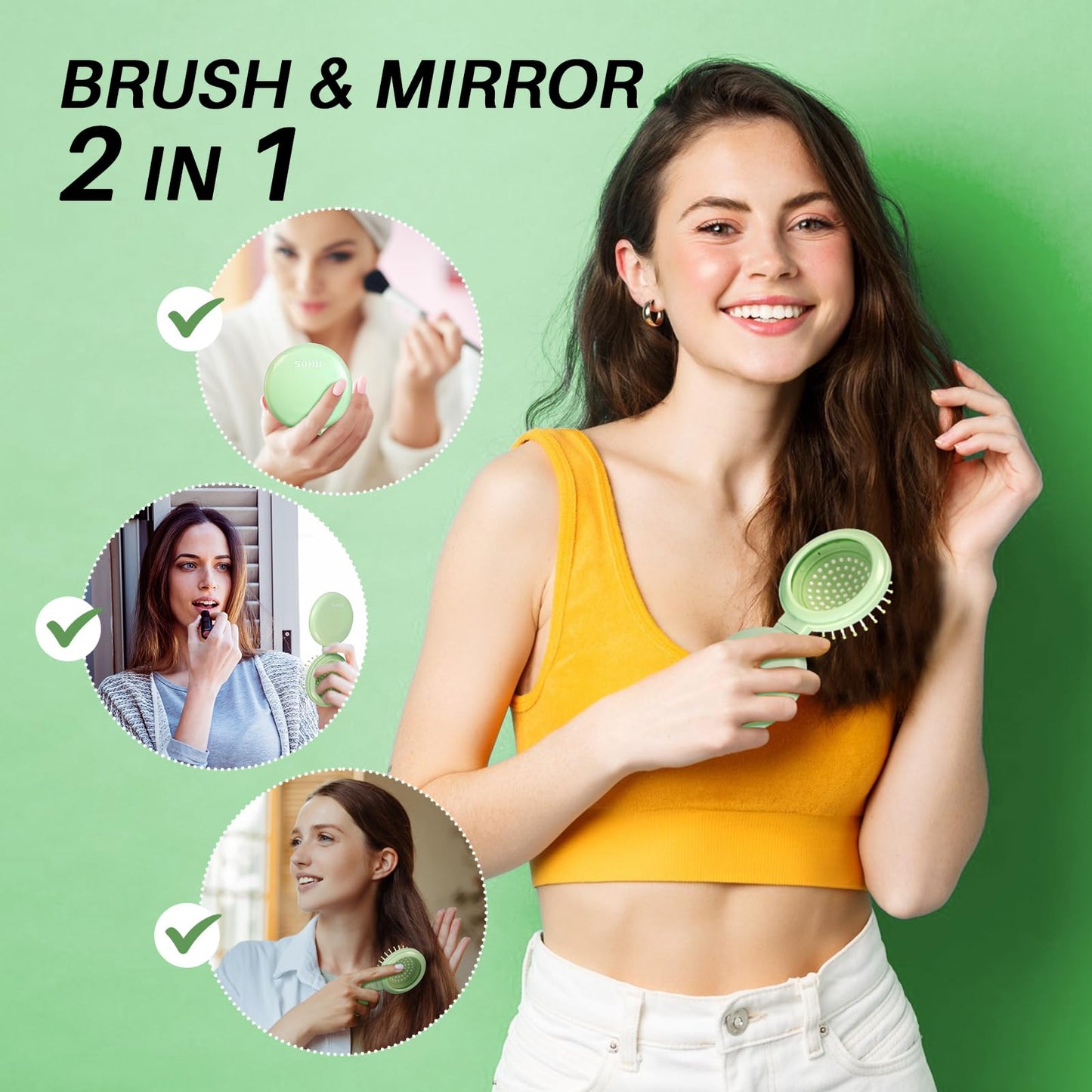 Round Folding Brush with Mirror (Fresh Green)